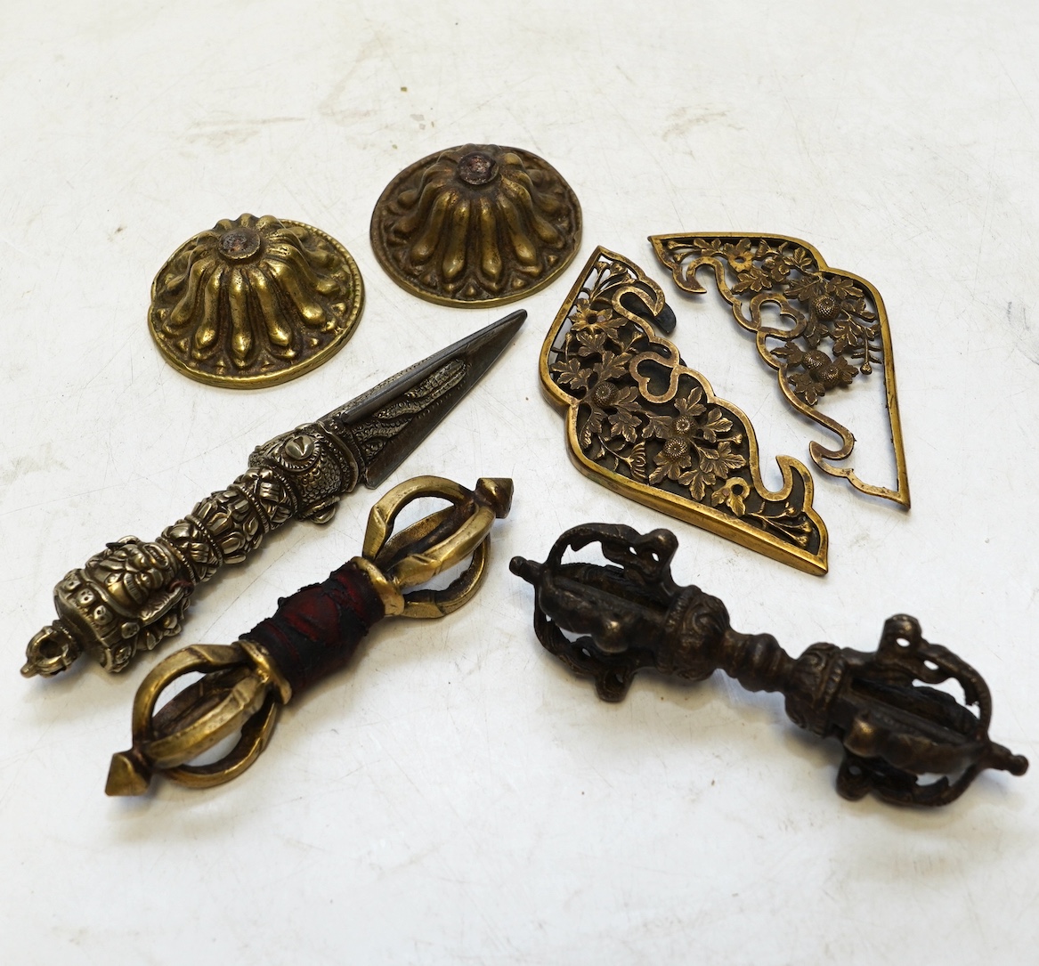 Chinese and Tibetan metalware including a phurba, largest 14cm. Condition - fair